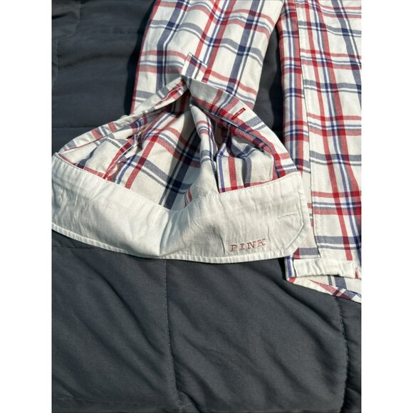 Thomas Pink Shirt Men’s White Blue Red Checker Cotton Button Down XL Y2K - Picture 8 of 9